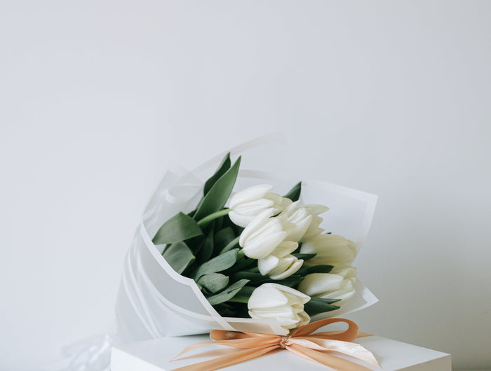 White Tulips with White Gift Box and Peach Ribbon